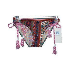 Kuleana Women's Sz X-Small Red TIe Side Fringe Beads Floral Bikini Bottom NEW